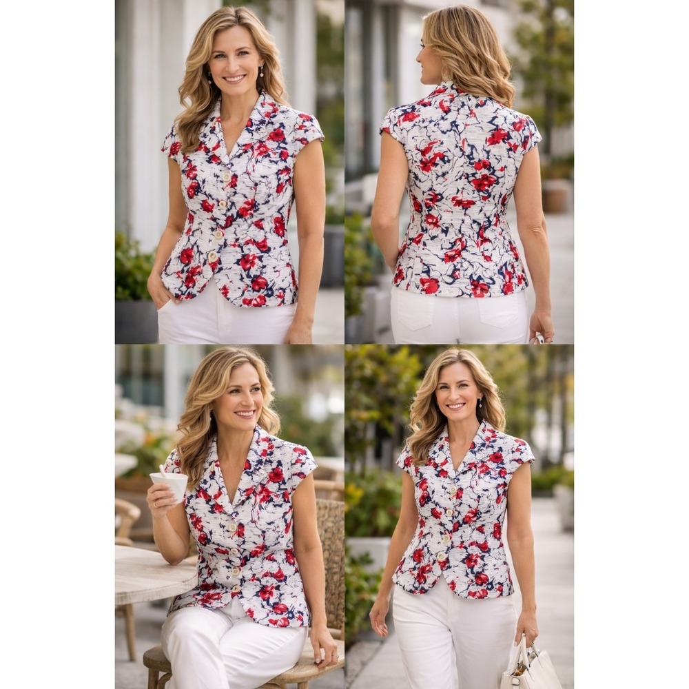 Coldwater Creek Jacket Womens 14 Ivory Red Blue Floral Shaped Cap Sleeve